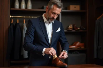 Homme en costume ajusté insère une forme en bois dans une chaussure en cuir