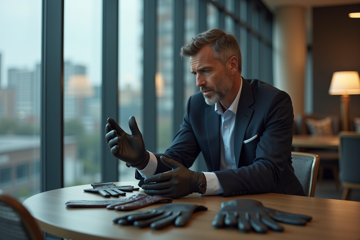Homme d affaires comparant deux paires de gants dans un bureau