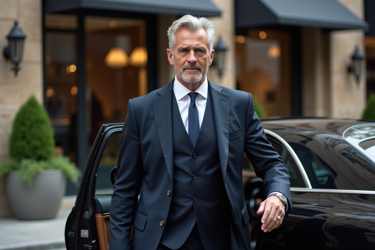 Homme en costume dans une rue urbaine chic