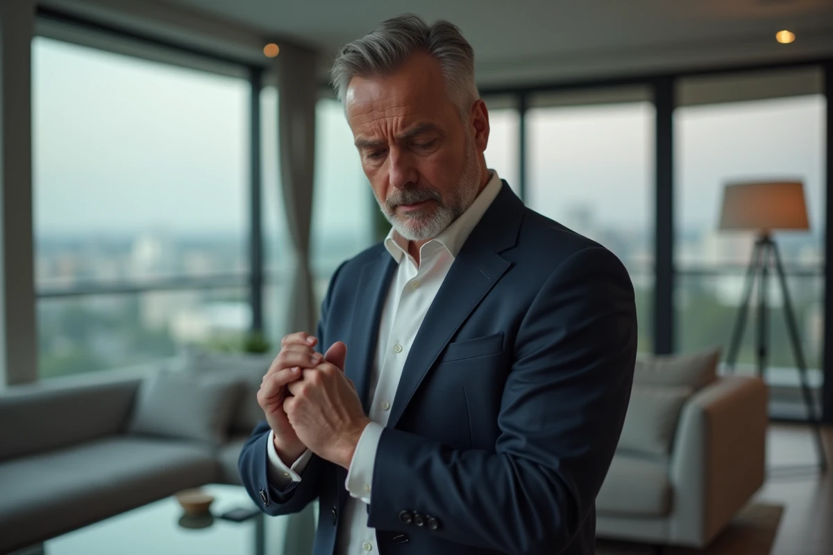 Homme d'âge moyen en costume bleu dans un appartement moderne