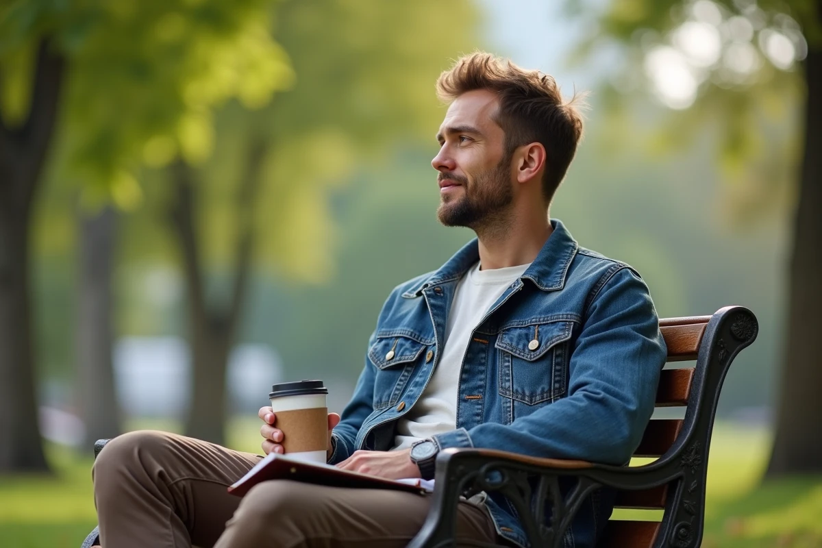 Homme détendu assis dans un parc avec sacoche
