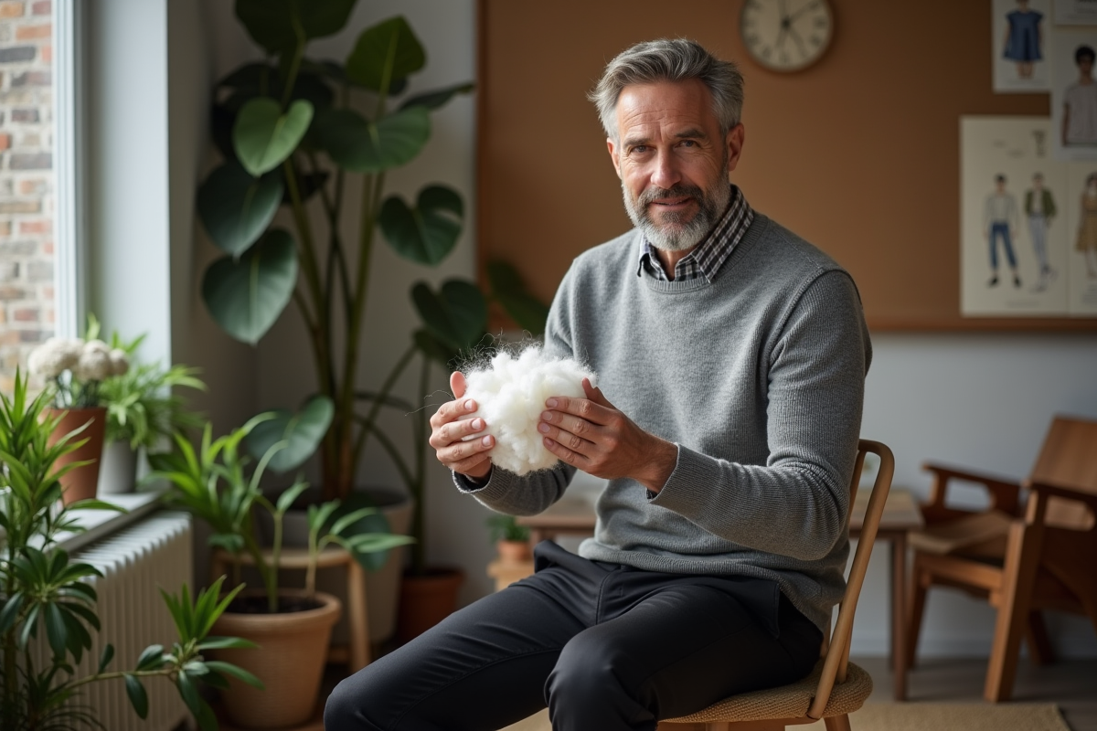 Homme en tricot gris examinant une fibre de coton