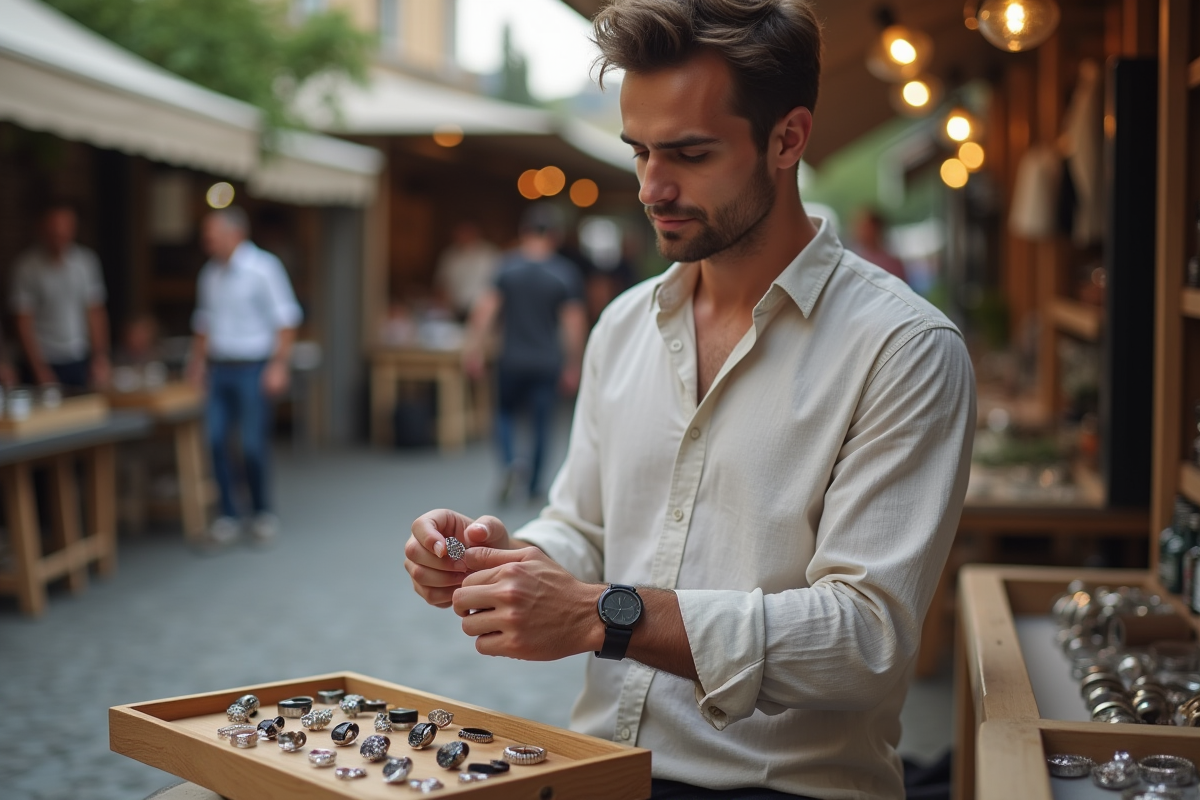 Homme examinant des bagues en marché artisanal en plein air