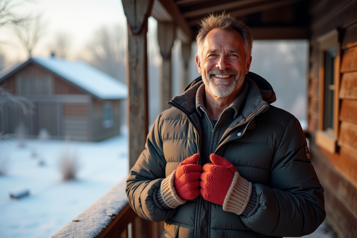Homme souriant avec mitaines colorées sur porche rural en hiver