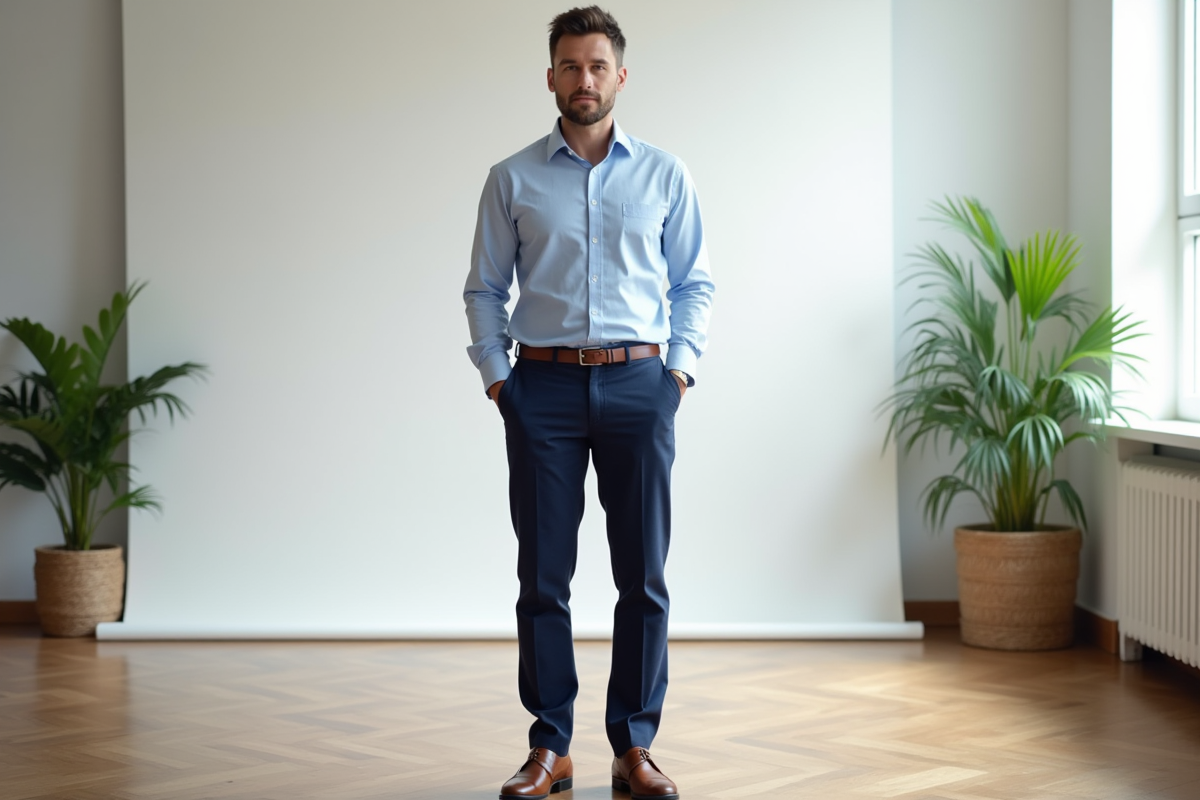 Homme en tenue chic pose en studio lumineux