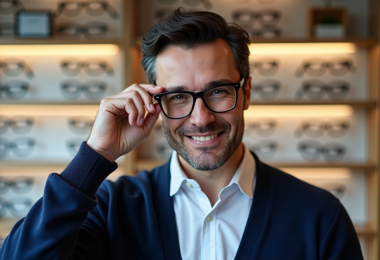 Homme ajustant ses lunettes dans une boutique d