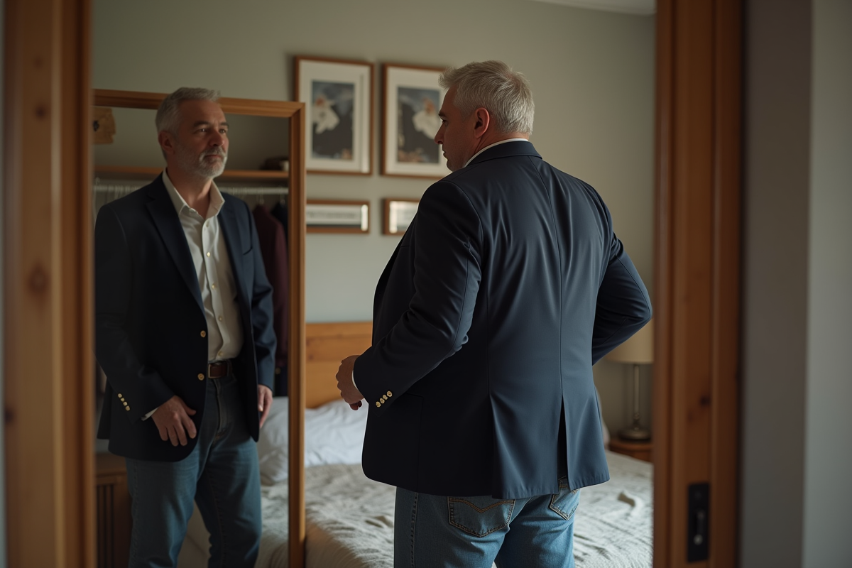 Homme plus age essayant une veste dans sa chambre