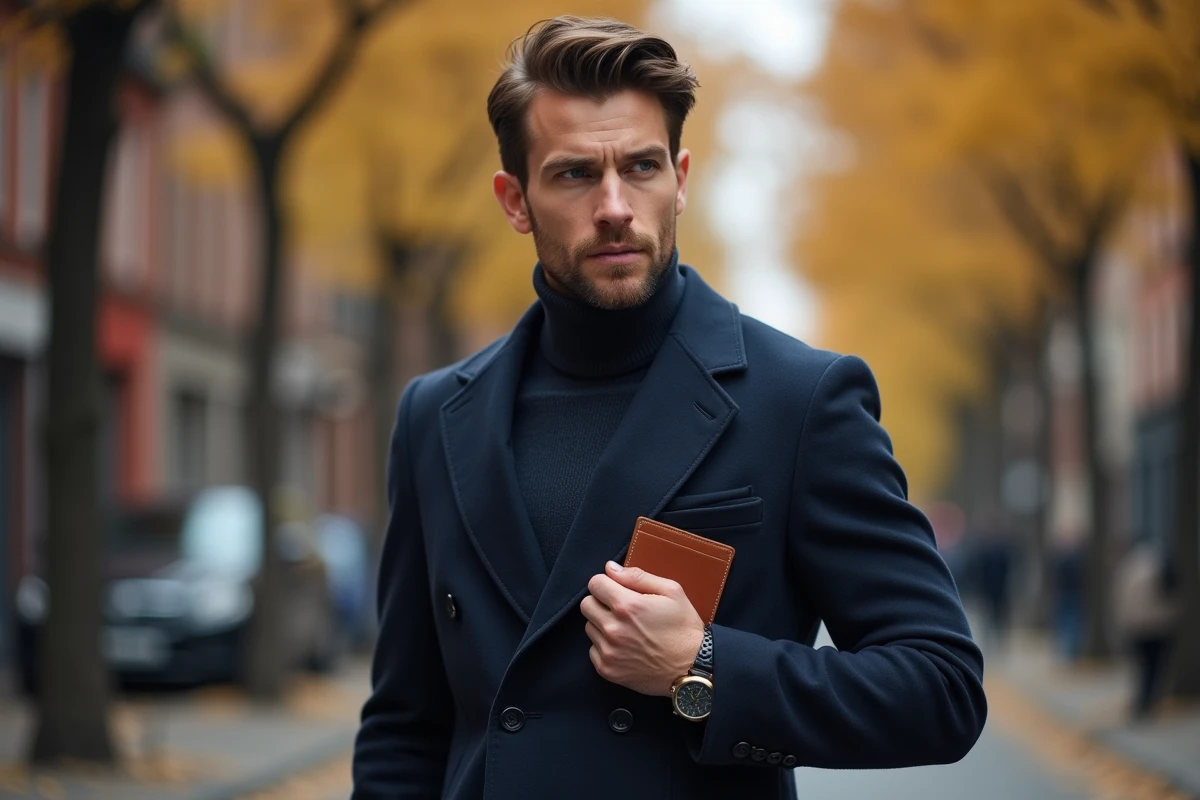 Homme en manteau bleu marine sortant un porte-cartes en cuir cognac de sa poche dans une rue pavée en automne