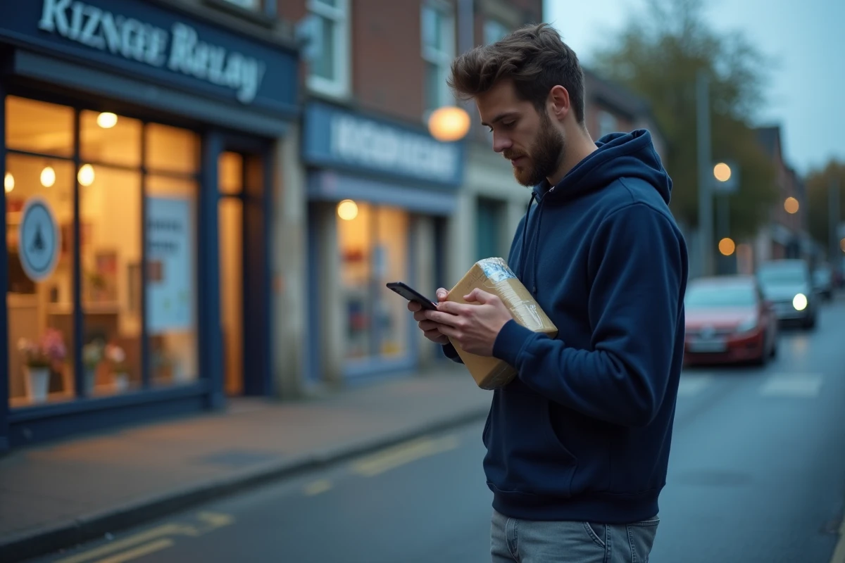 Homme cherchant un point relais Vinted ouvert le soir sur son téléphone dans une rue commerçante