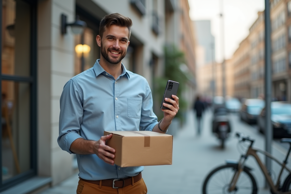 Homme surpris recevant un gadget en extérieur