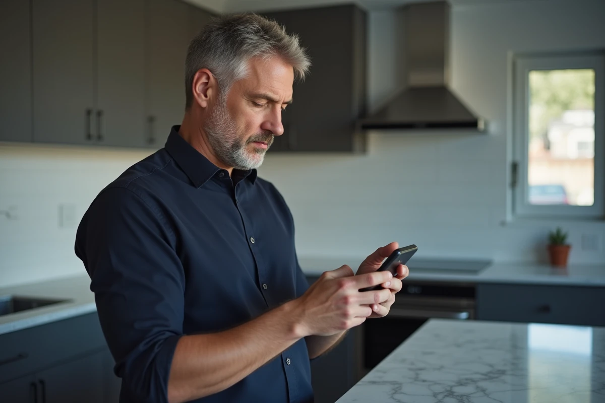 Homme consultant son smartphone pour récupérer un mot de passe oublié sur monespace habillement