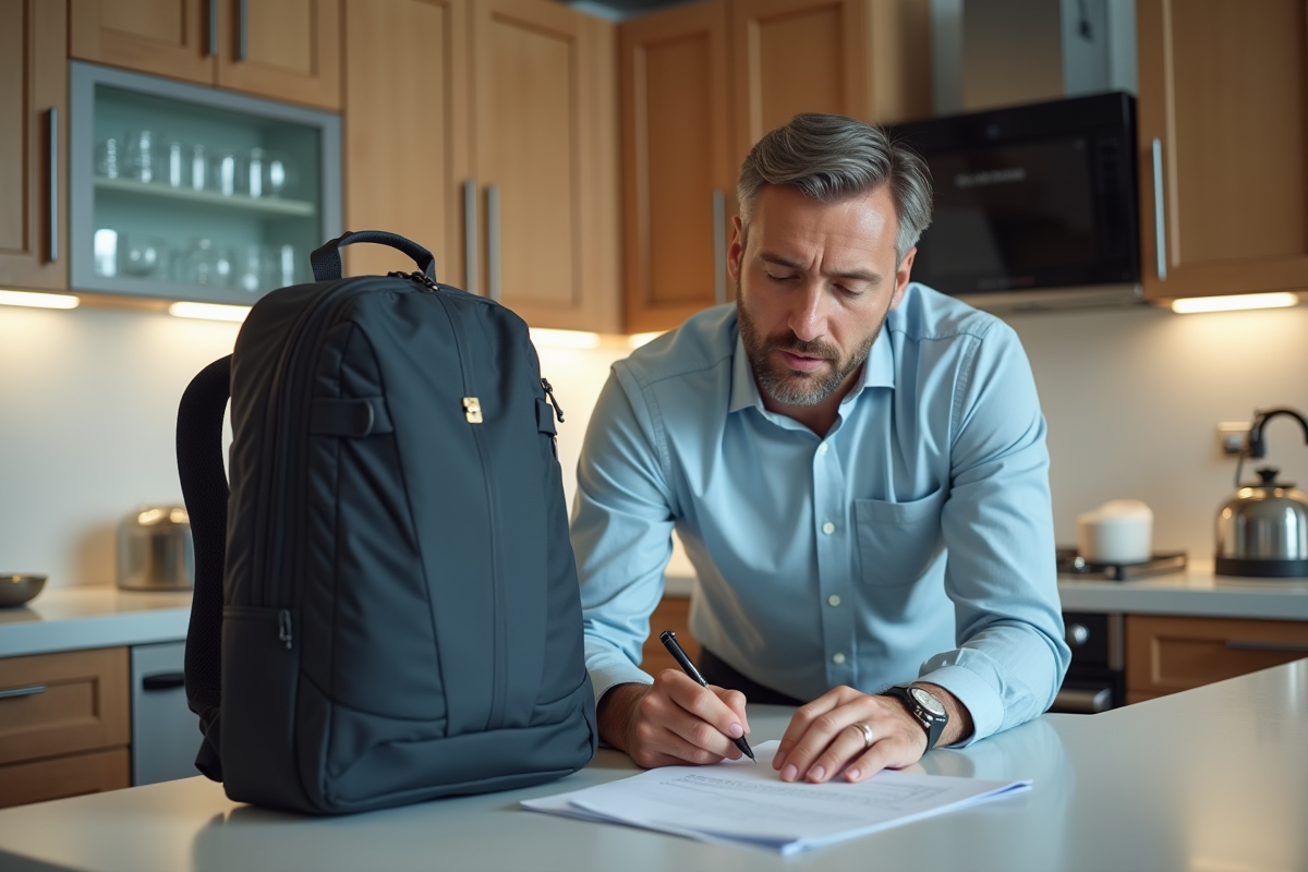 Homme remplissant un formulaire de garantie pour son sac à la maison