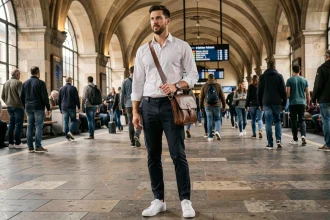 Homme stylé en voyage portant une sacoche en cuir dans une gare européenne