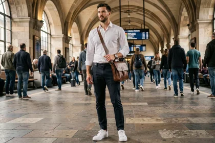 Homme stylé en voyage portant une sacoche en cuir dans une gare européenne