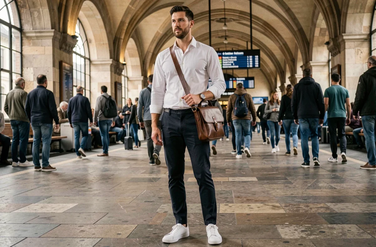 Homme stylé en voyage portant une sacoche en cuir dans une gare européenne