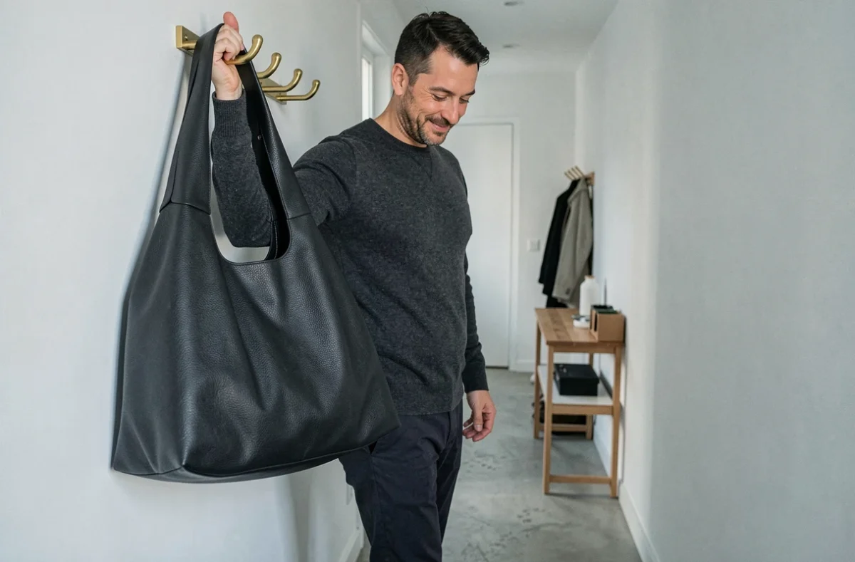 Homme accrochant une grande sacoche en cuir noir bien entretenue dans un couloir d'appartement minimaliste