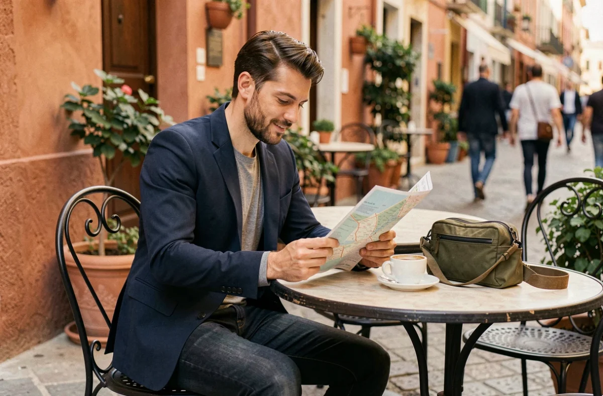 Homme assis en terrasse de café avec une sacoche nylon et une tenue élégante décontractée en voyage