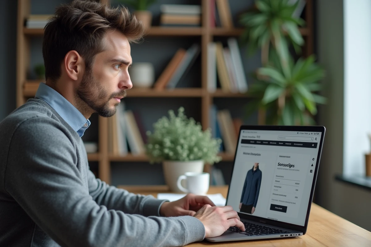 Homme consultant un site de vêtements allemand sur un ordinateur portable avec le filtre Sonstiges visible à l'écran, représentant la recherche de marques inconnues en ligne