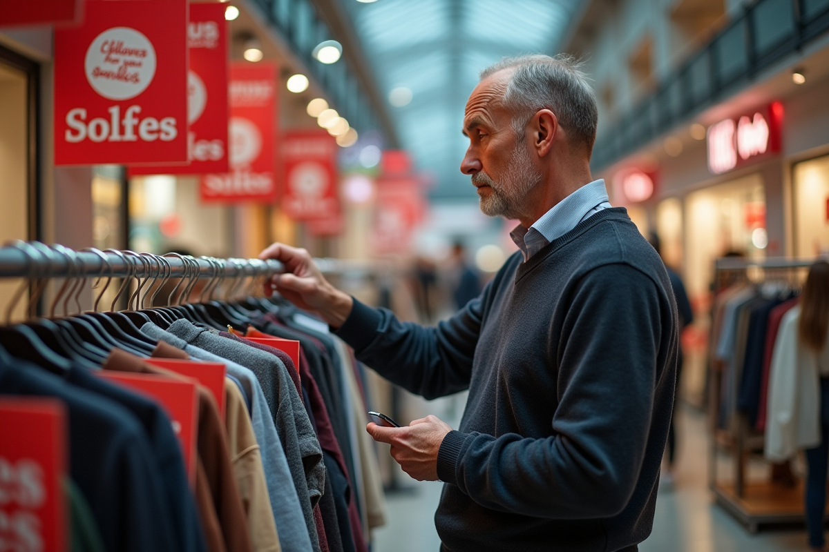 Homme regardant vêtements soldes dans un grand magasin