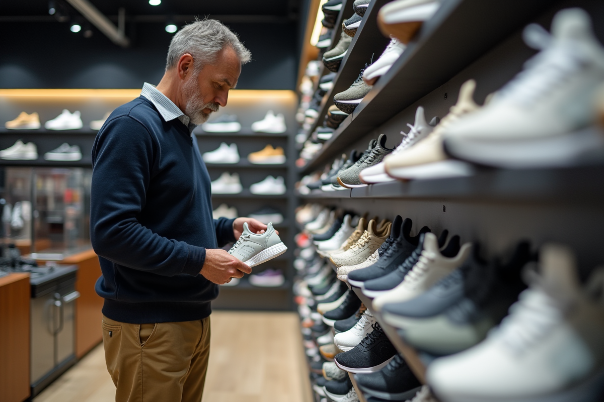 Homme examinant une chaussure dans une boutique de chaussures