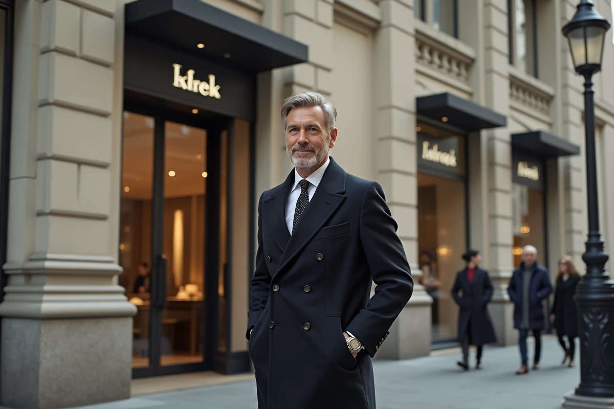 Homme en manteau devant une boutique urbaine chic