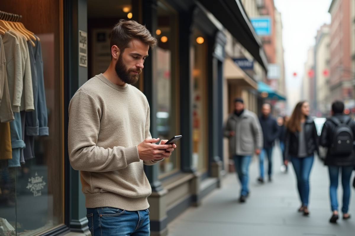 Homme regardant son smartphone devant une vitrine vintage en ville