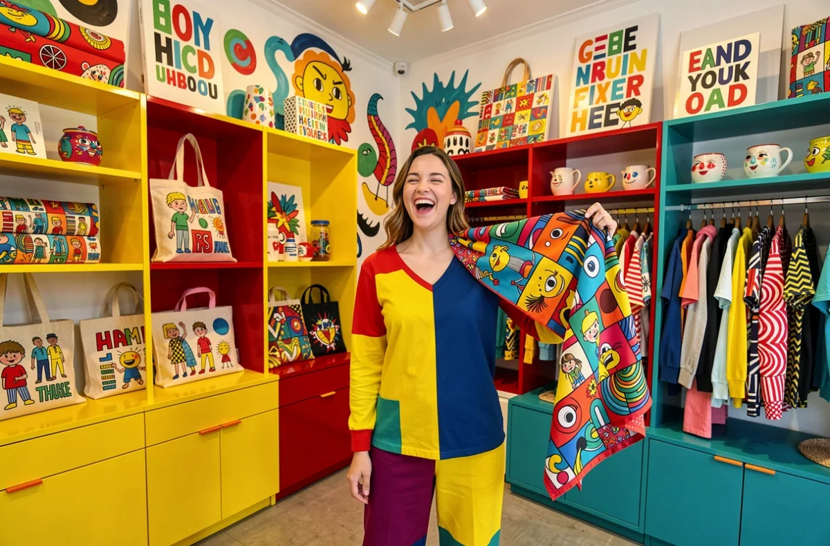 Boutique Hulala à Bordeaux avec des créations colorées, textiles imprimés et objets graphiques dans un décor pop et joyeux