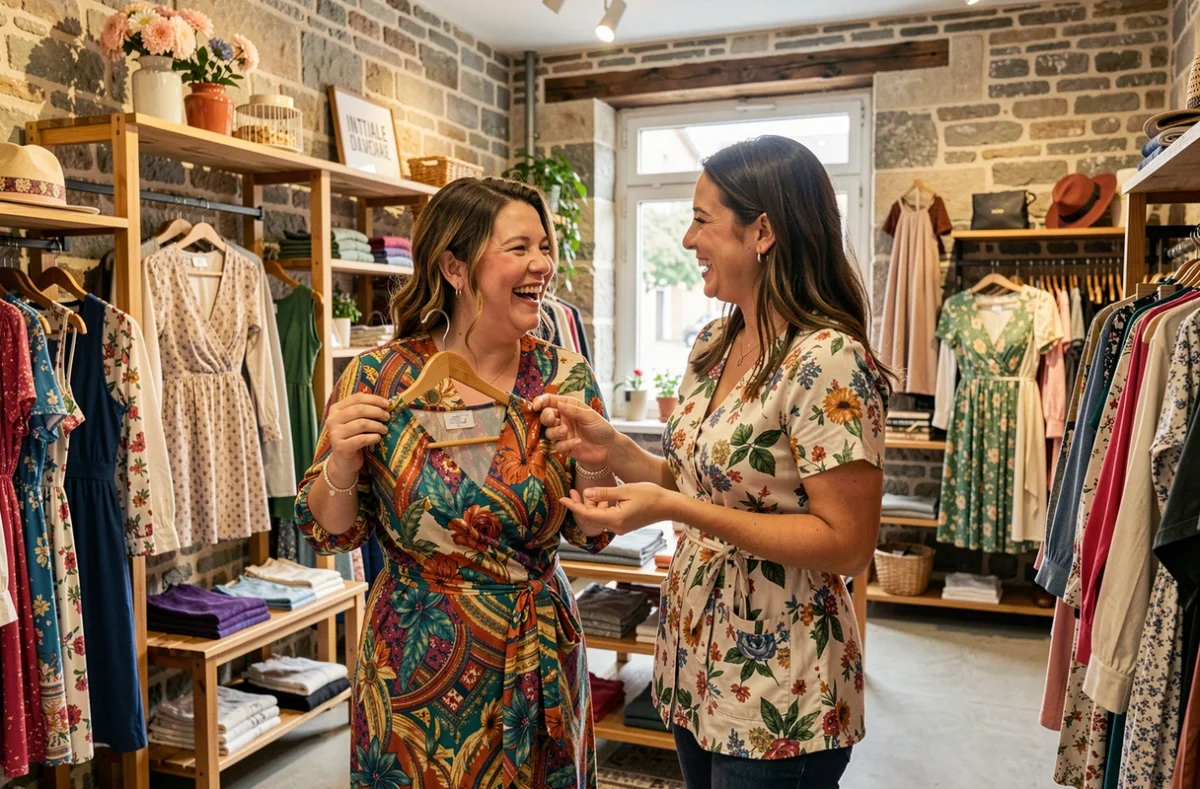 Une cliente ronde et souriante discute avec une vendeuse dans la boutique Initiale D à Besançon, toutes deux admirant une robe portefeuille colorée parmi des collections mode de grande taille.