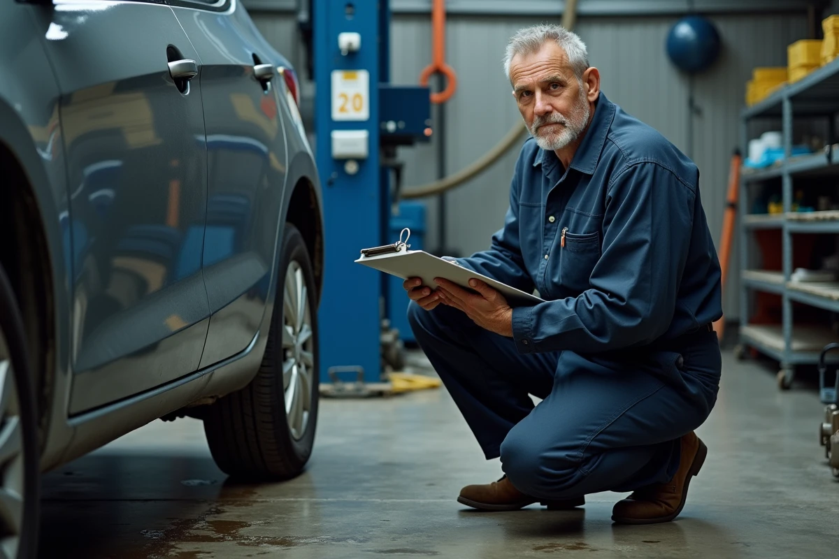Mécanicien inspectant une voiture d'occasion sans marque identifiable dans un garage automobile