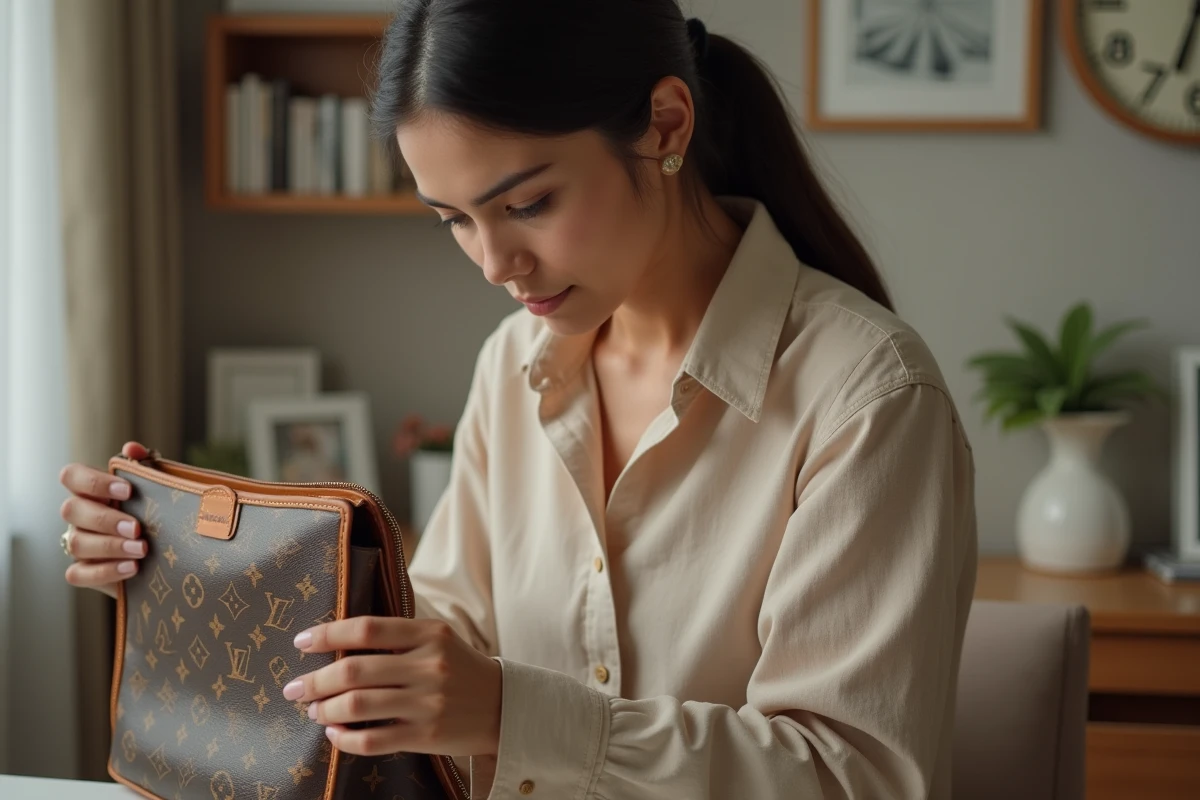 Femme inspectant le numéro de série intérieur d'un sac Louis Vuitton monogram posé sur un bureau en bois