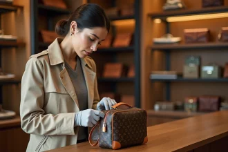 Femme inspectant les coutures et la quincaillerie d'un sac à main monogramme dans une boutique de maroquinerie haut de gamme pour détecter une contrefaçon