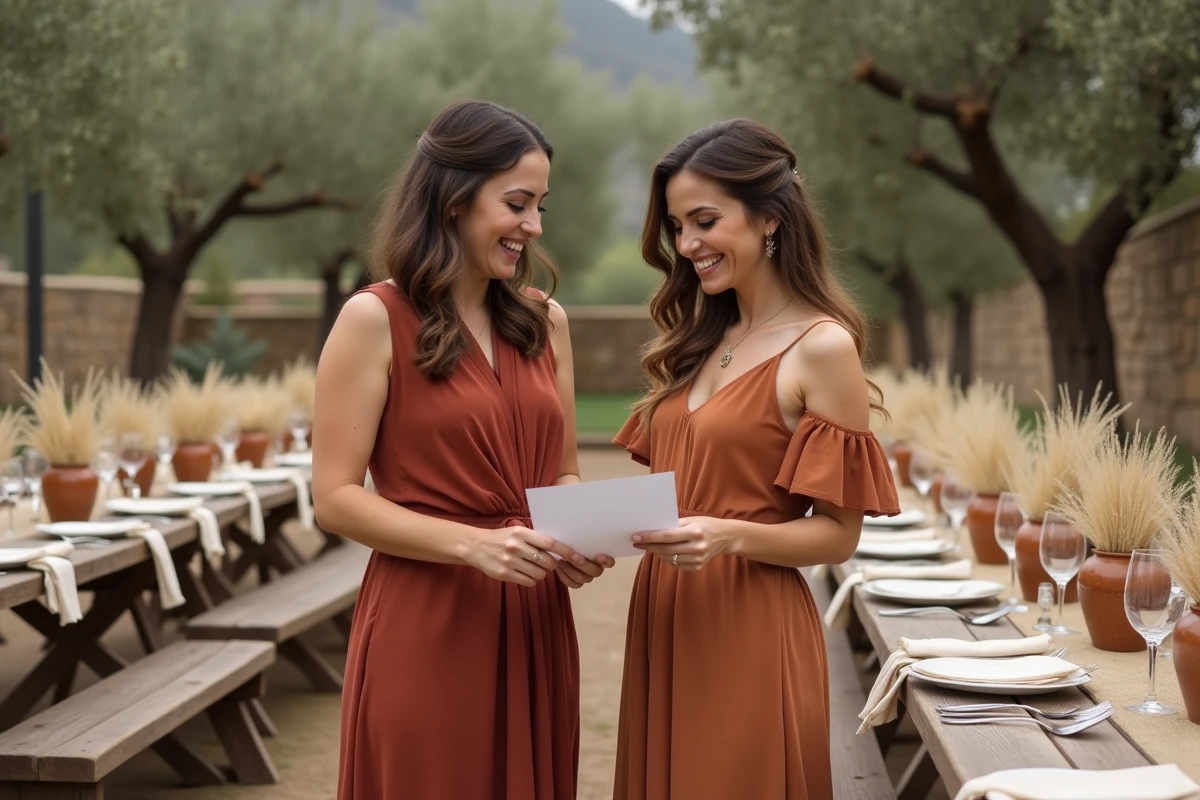 Deux invitées en robes terra cotta et rouille consultant un plan de table lors d'une réception de mariage en extérieur
