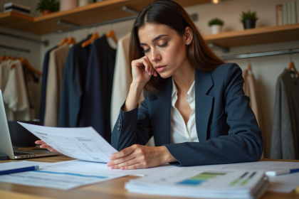 Jeune femme designer mode au bureau avec échantillons et documents