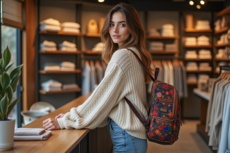 Jeune femme dans une boutique avec sac à dos coloré