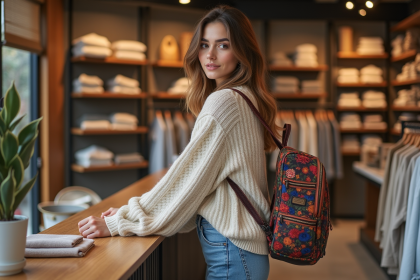 Jeune femme dans une boutique avec sac &agrave; dos color&eacute;