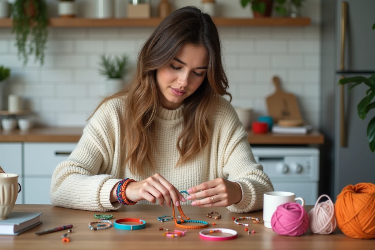 Jeune femme créative avec bracelet DIY dans la cuisine