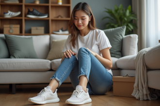 Jeune femme essayant des chaussures de sport dans un salon moderne