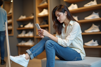 Jeune femme essayant des sneakers dans un magasin de chaussures