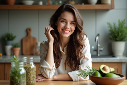 Jeune femme aux cheveux bruns longs et brillants sourit en touchant ses cheveux