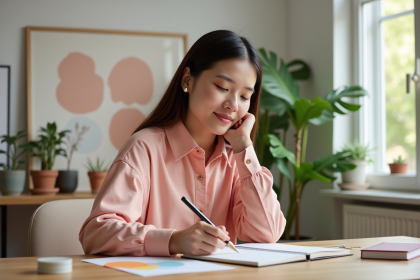 Jeune femme concentrée dessinant palettes de couleurs dans un bureau lumineux