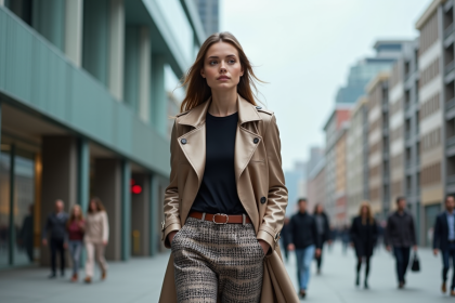 Jeune femme en manteau métallique dans une ville moderne
