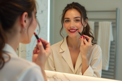 Jeune femme appliquant rouge &agrave; l&egrave;vres dans la salle de bain