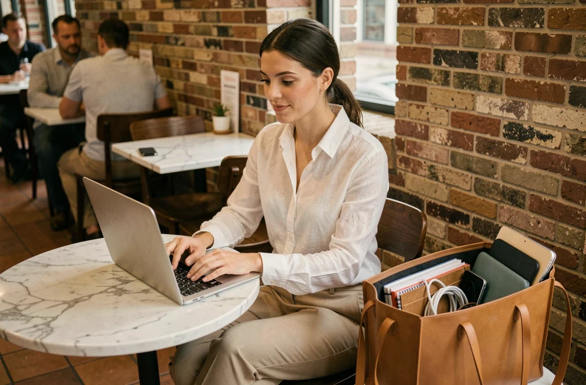 Jeune femme professionnelle travaillant en café avec un sac tote en cuir tan organisé pour ordinateur portable