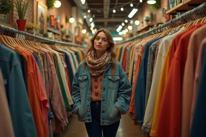 Jeune femme en vintage dans une boutique de thrift