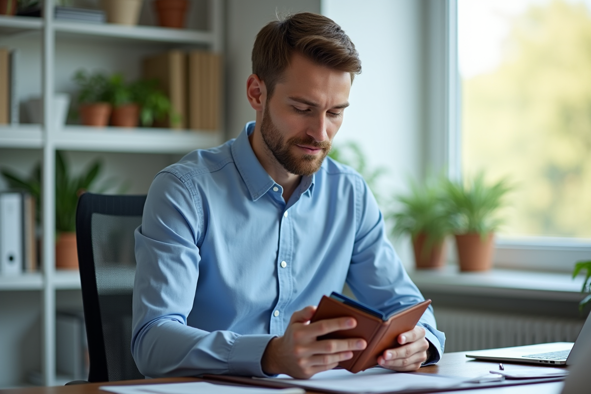 Jeune homme vérifiant sa carte bancaire au bureau