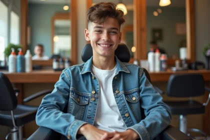 Jeune garçon espagnol après coupe fade dans un salon de coiffure