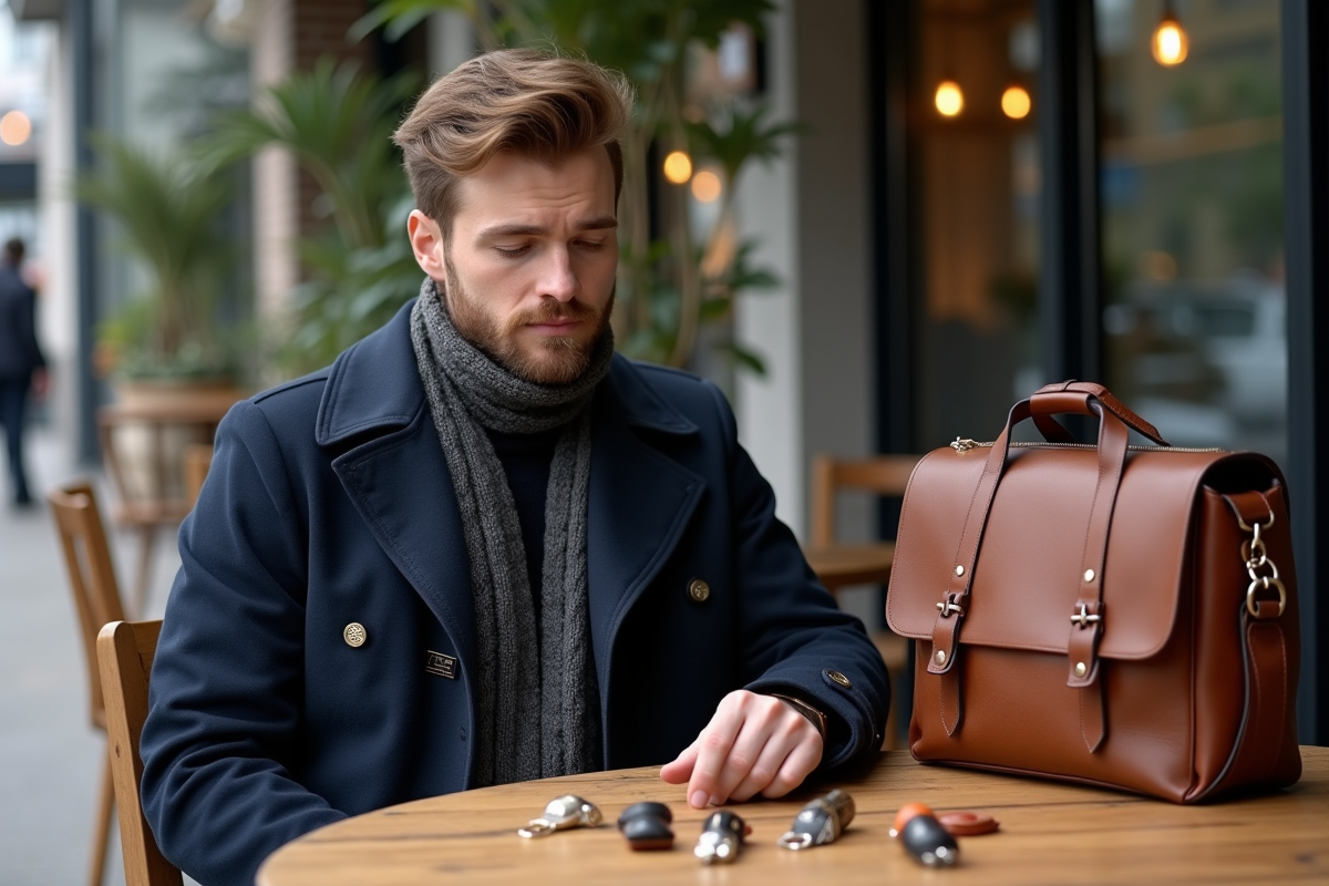 Jeune homme examinant des charms de sac en café