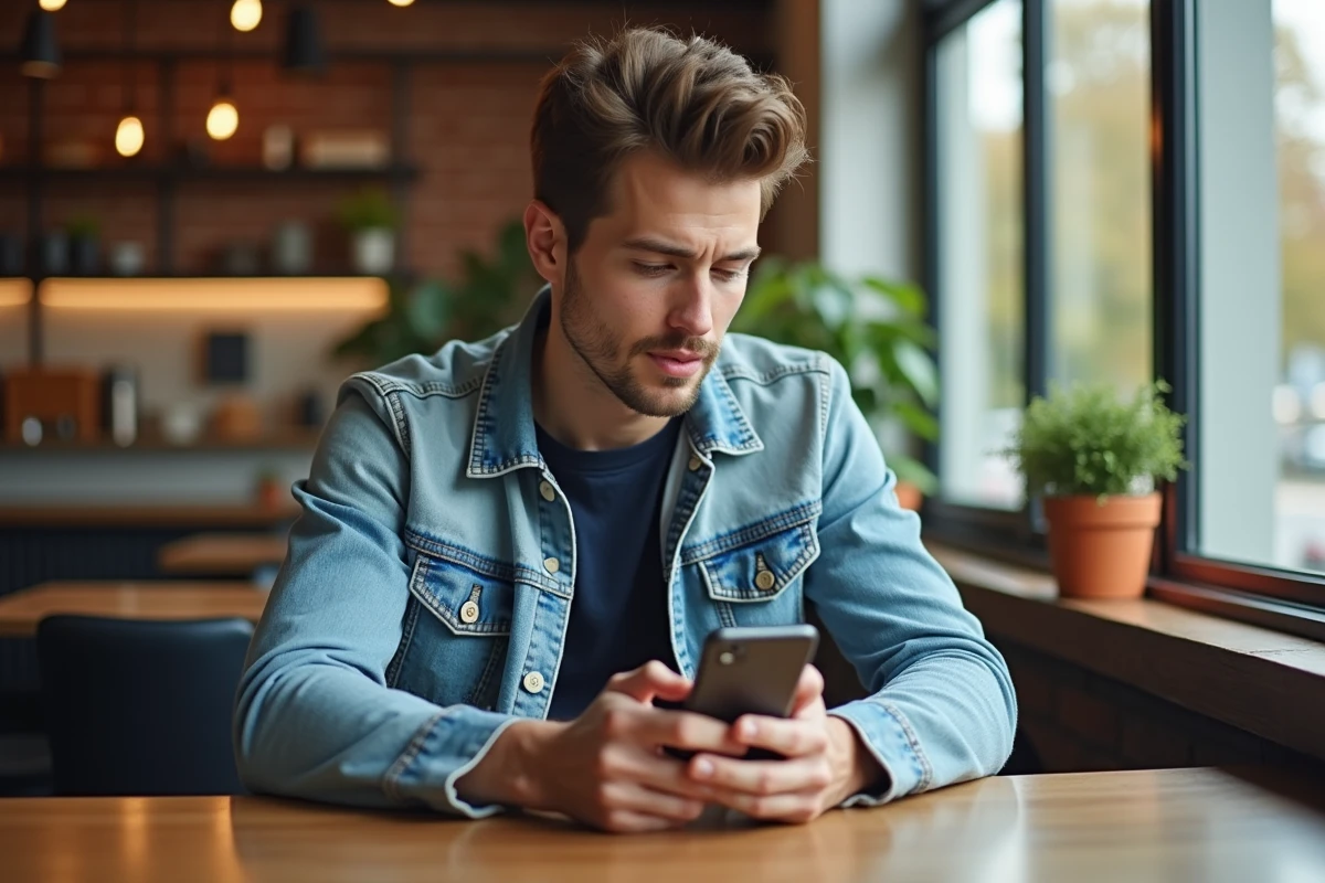 Jeune homme consulte ses photos de coiffures au café