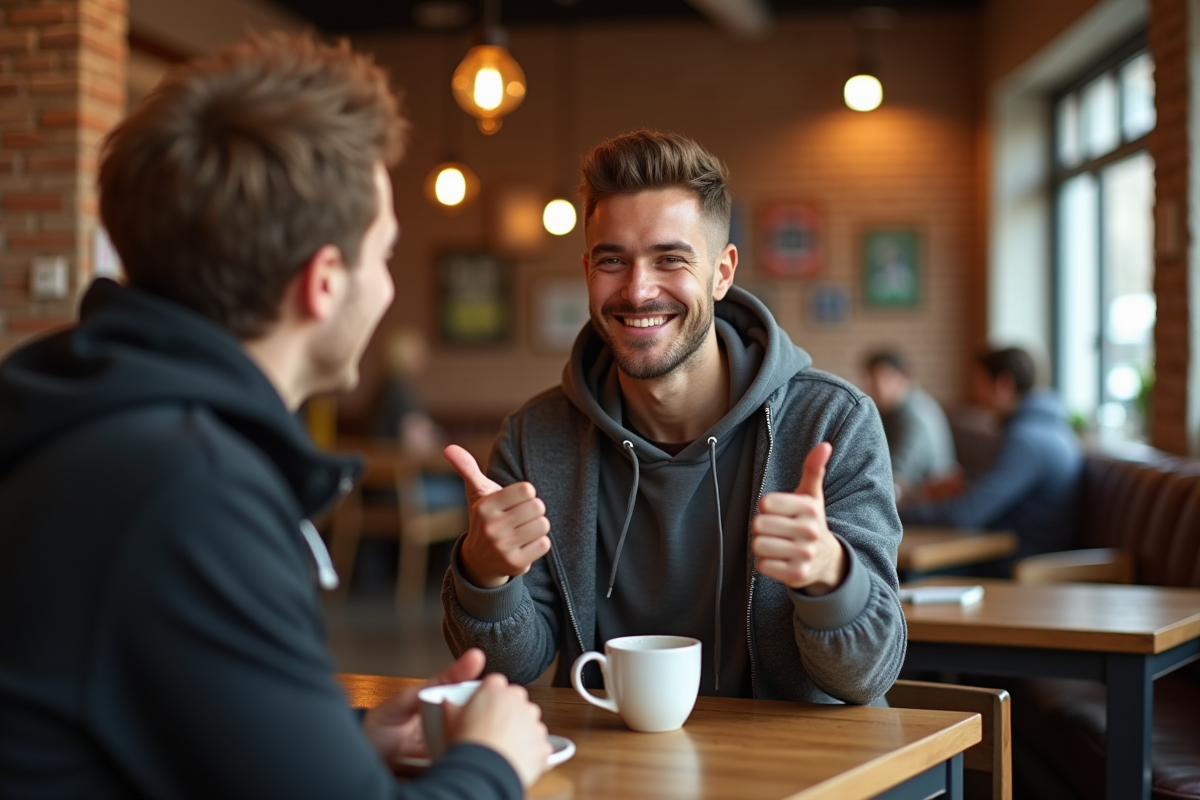 Jeune homme souriant donnant un pouce en café chaleureux