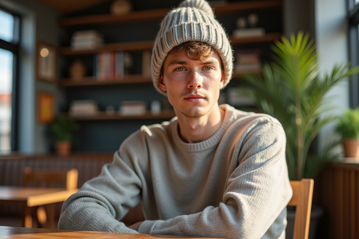 Jeune homme au café avec bonnet en laine